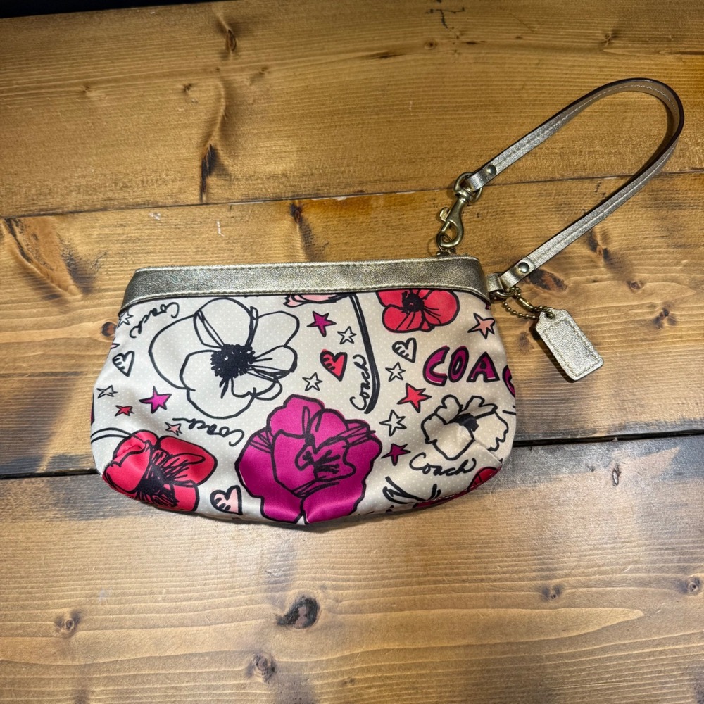Coach Poppy Graffiti Floral Wristlet Clutch Pink Gold Multicolor - Picture 2 of 6